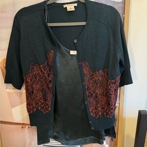 Carven Dark Green Cardigan with Red Lace